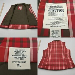 Eddie Bauer Down Vest Womens XL Maroon Plaid Pockets 700 Fill Full Zip Puffer‎